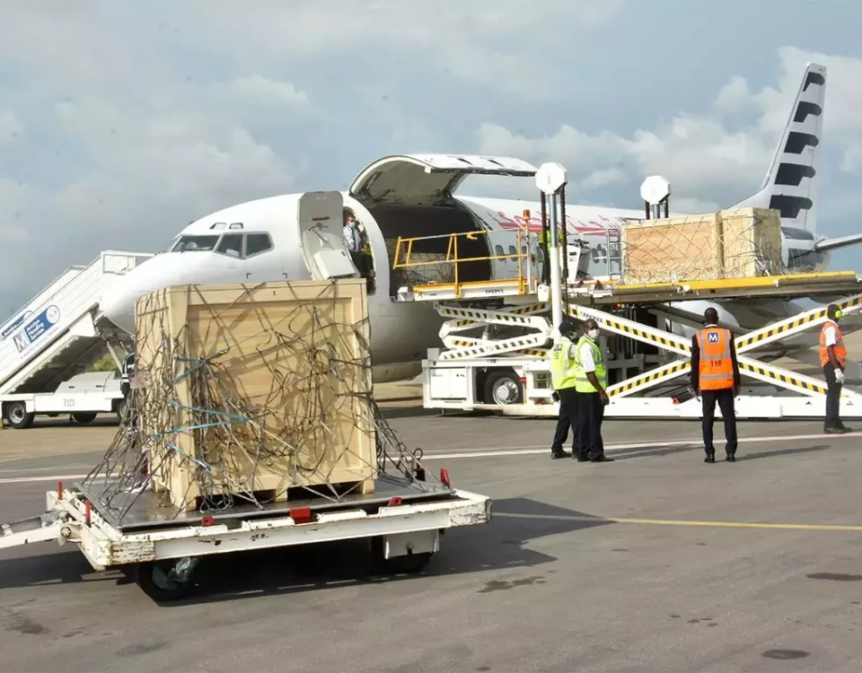 The 26 royal treasures arrived at Cotonou airport on 10 November 2021 on a Tunisian cargo plane chartered by the Beninese government. © Ange Gnacadja for JusticeInfo.net